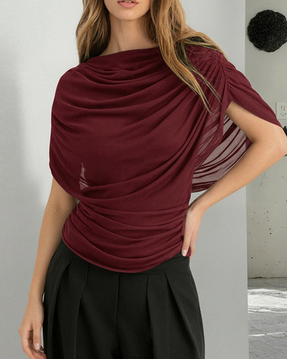 Mesh Scarf Neck Draped Slim Fit Blouse