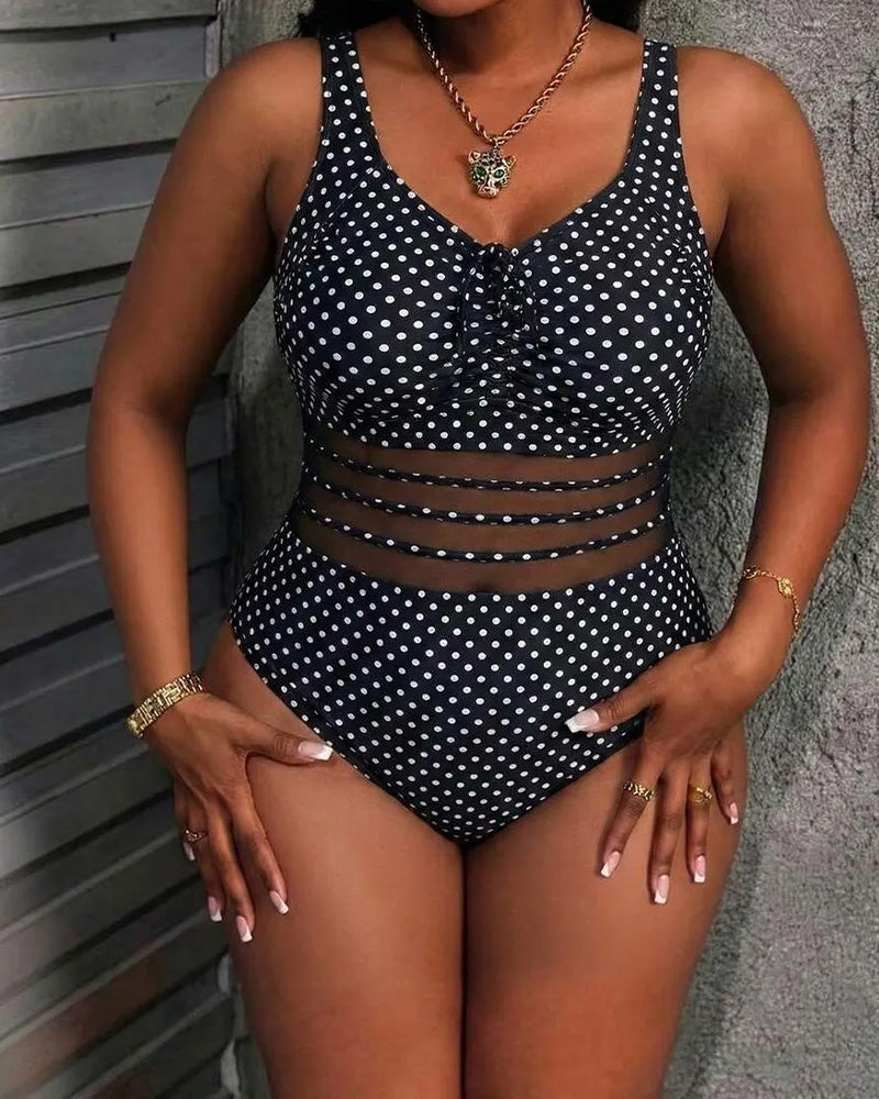 Lace-Up Polka-Dot Mesh One-Piece