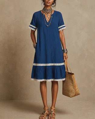 V-Neck Patchwork Straight Dress