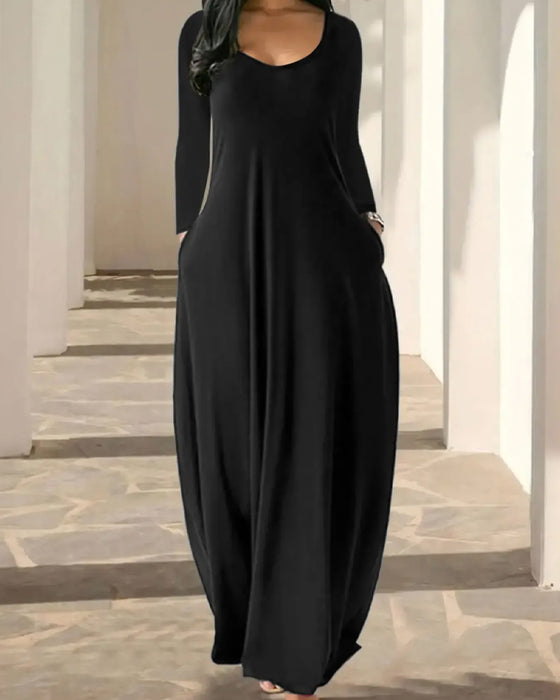 Crew-Neck Pocket Full-Skirt Long-Sleeve Dress