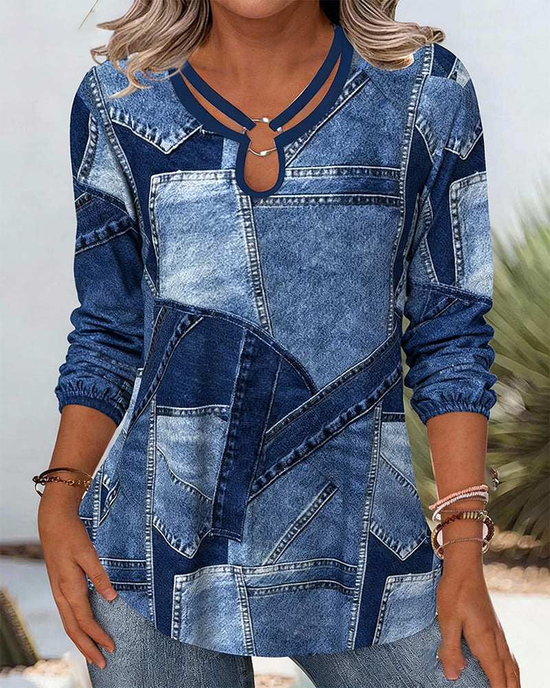 Geometric Print Casual Long-Sleeved Top