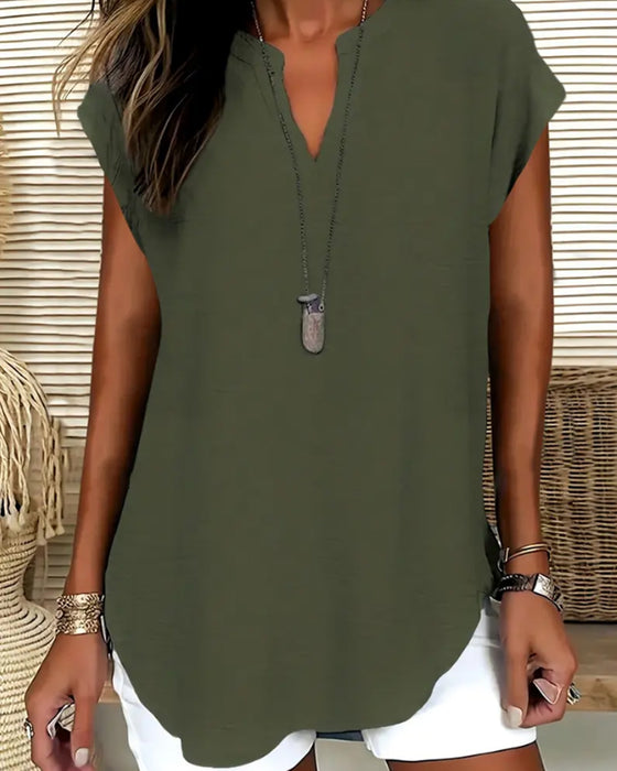 Casual Drop Shoulder V-Neck Short Sleeve Blouse