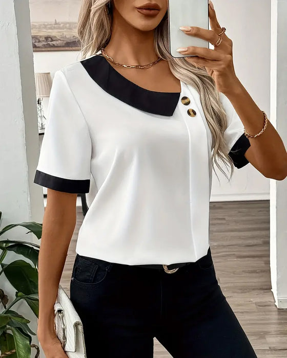 Contrast Collar Button-Down Blouse