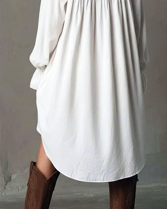 Lace-Paneled Lantern-Sleeve Dress