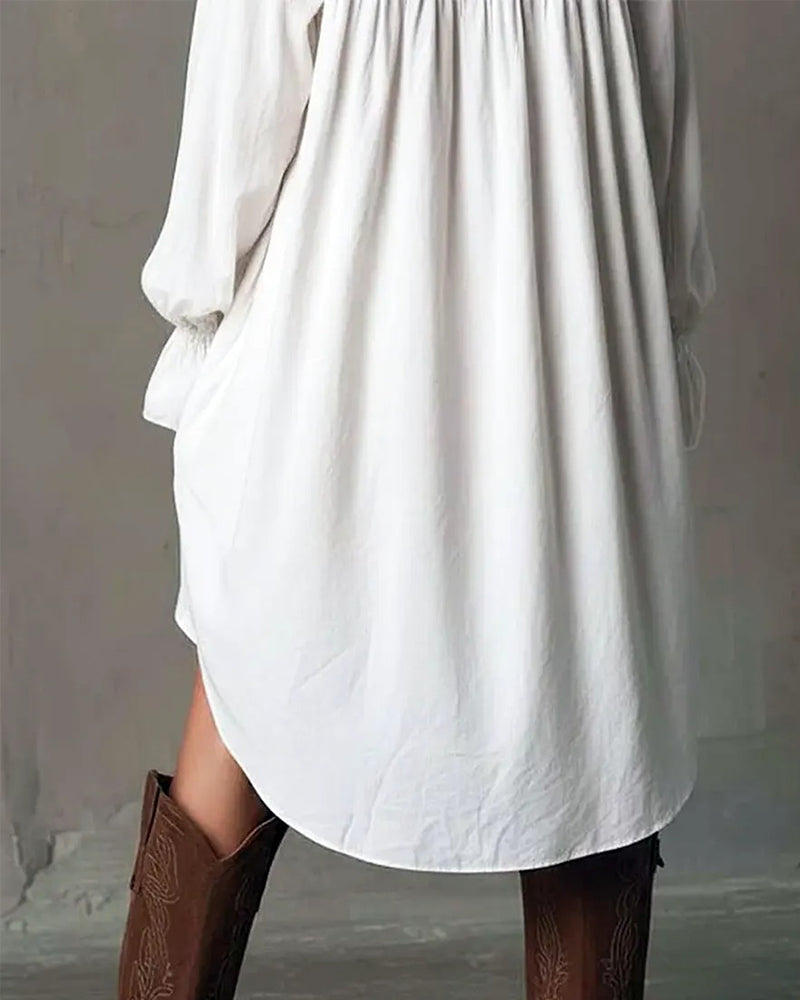 Lace-Paneled Lantern-Sleeve Dress