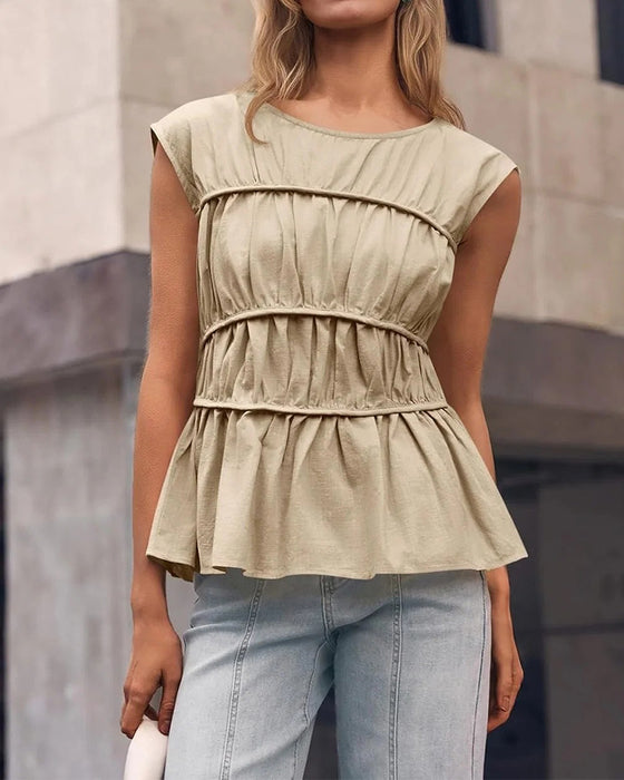Crew Neck Smocked Waist Blouse