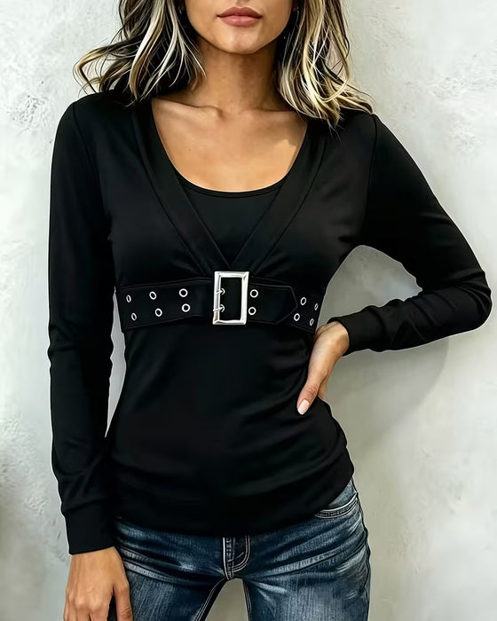 U-Neck Metal Button Long-Sleeved Top