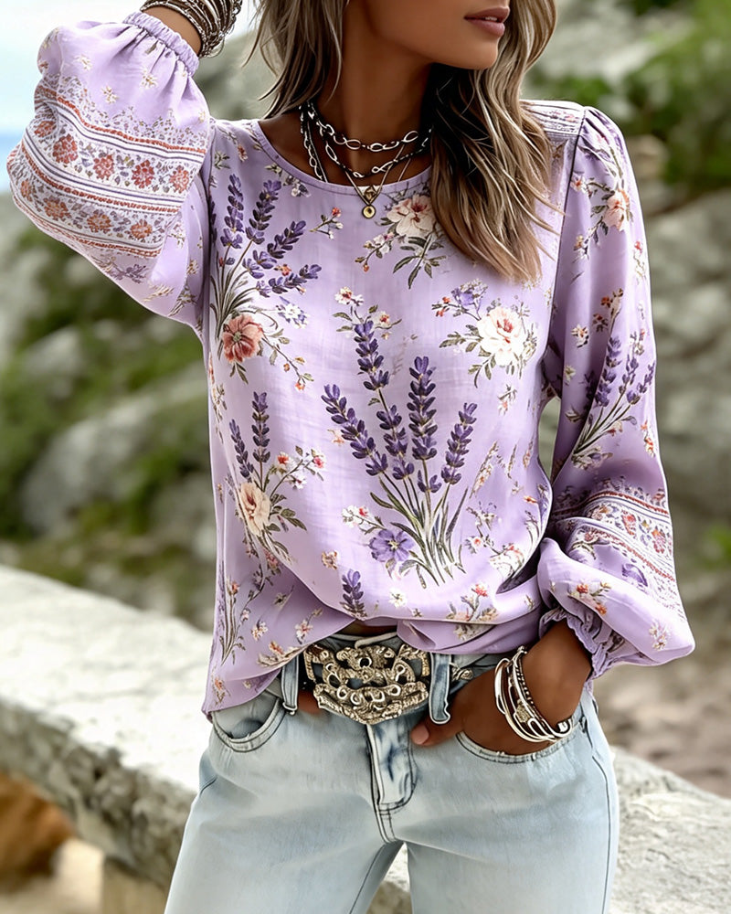 Lavender Floral Print Lantern Sleeve Blouse