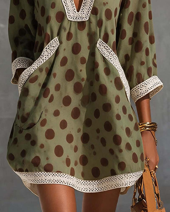V-Neck Polka Dot Pocket Dress