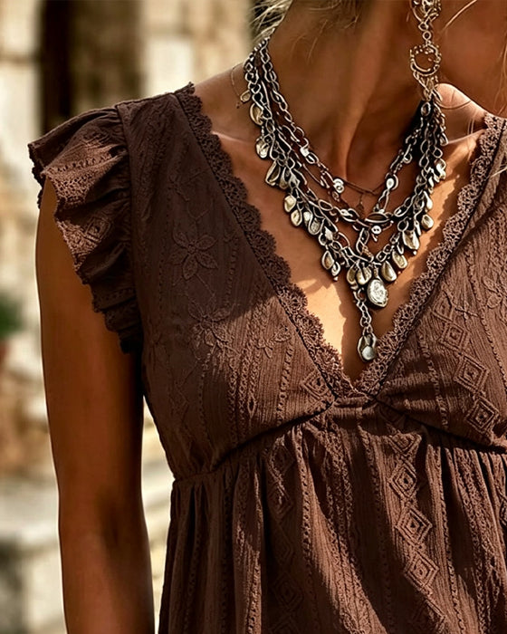 V-Neck Flutter Sleeve Lace-Trim Blouse