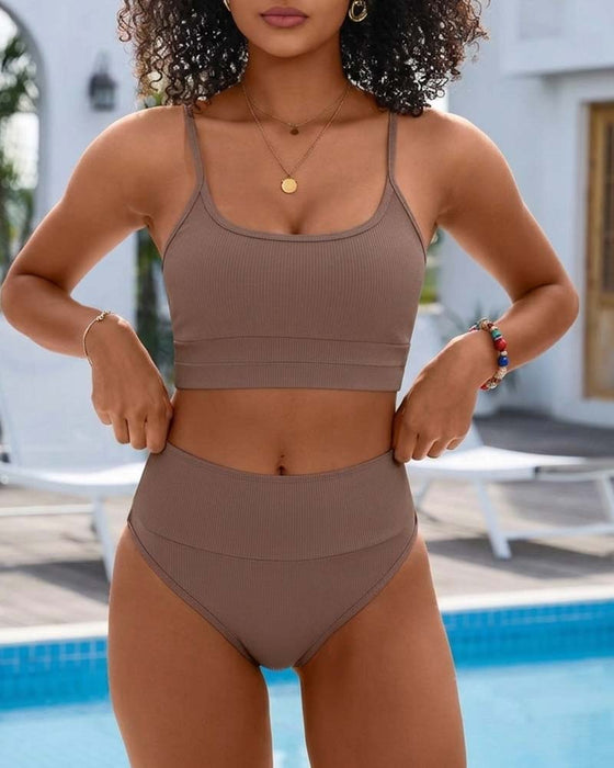 Solid U Neck High Waist Bikini