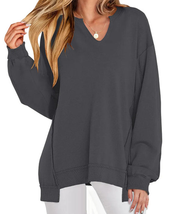 V-Neck Solid Color Loose Sweatshirt