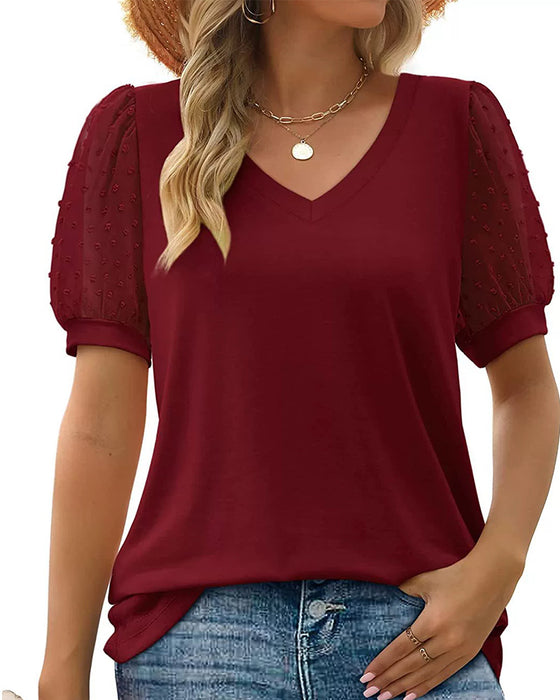 Solid Mesh Puff Sleeve Blouse