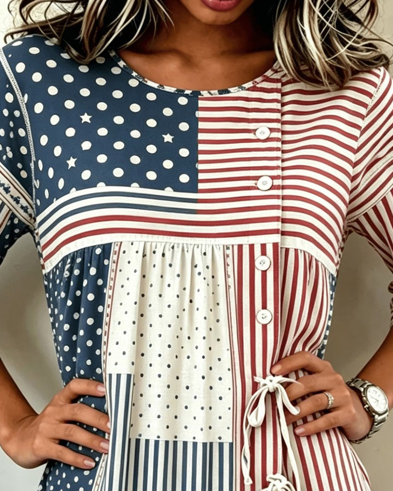 Flag Print Patchwork Tie Blouse