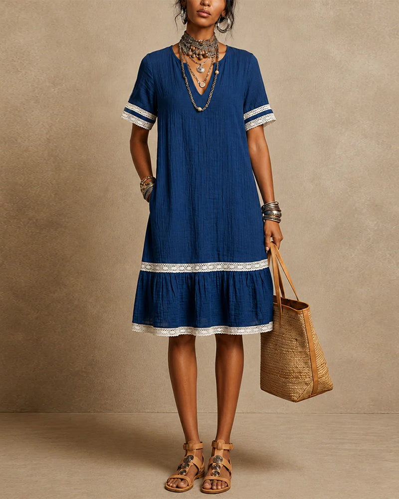V-Neck Patchwork Straight Dress