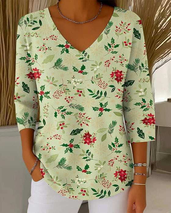 Women's Christmas Print V-Neck 3/4 Sleeve Casual Loose knitted top
