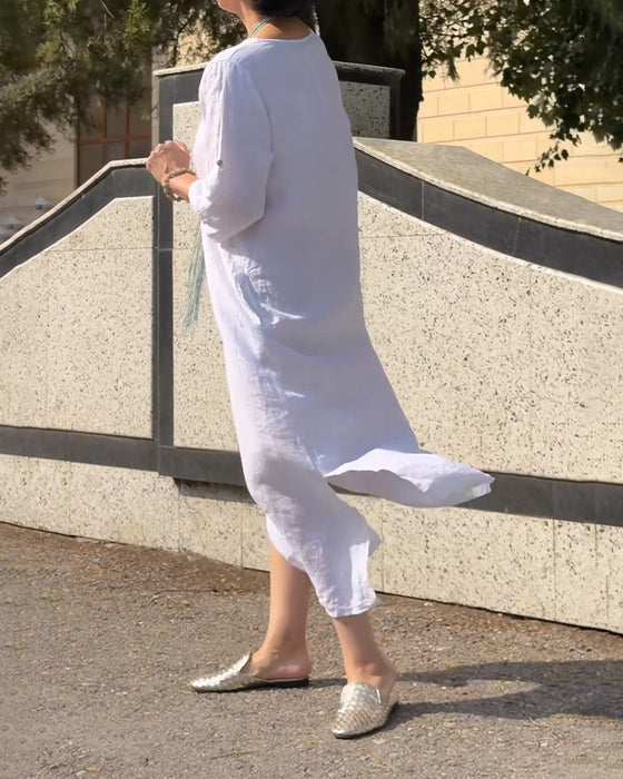 Crew Neck Solid Elbow-Length Sleeve Loose Dress