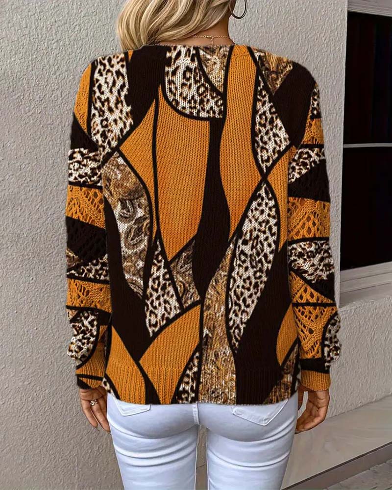V-Neck Hollow Leopard Print Pullover