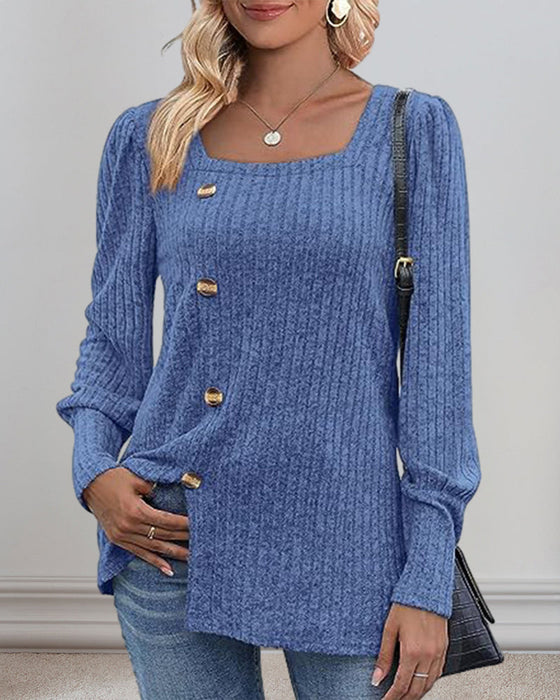 Button-Down Top with Square Neck and Puff Sleeve