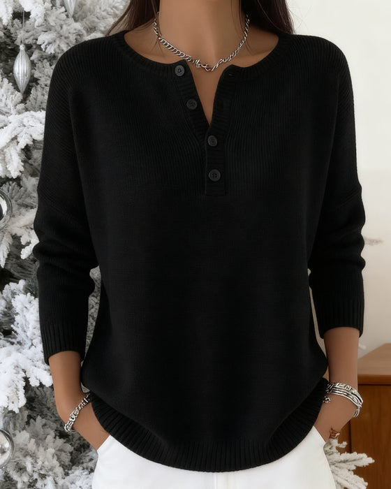 Long-Sleeved Button-Down Solid Color Sweater