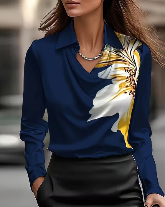 Lapel Straight Shoulder Printed Blouse