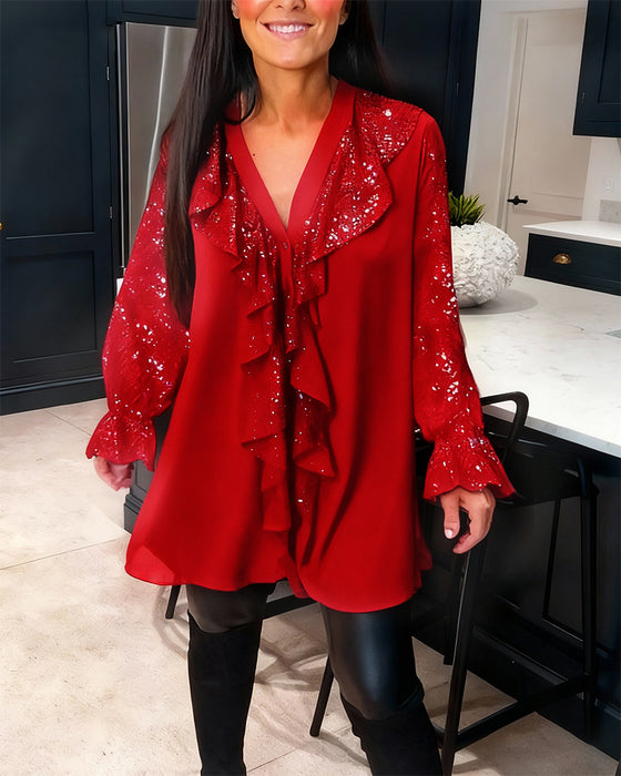 Solid Color Ruffled Loose Blouses