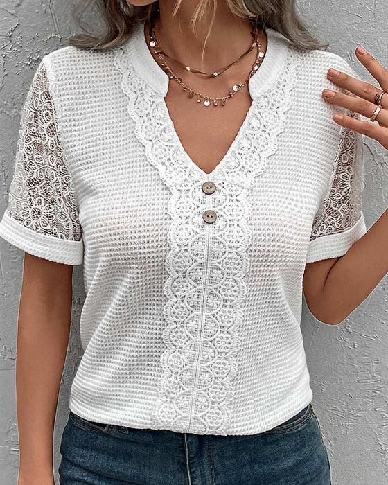 Solid color v-neck lace T-shirt