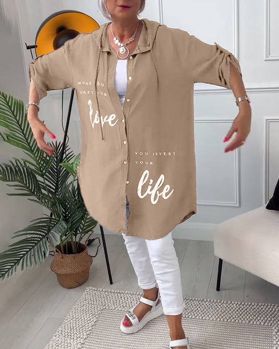 Hooded button-down coat with printed letters