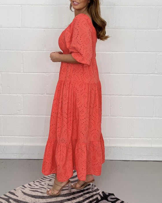 Square collar solid color hollow dress