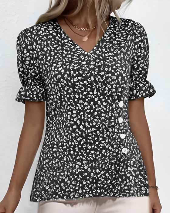 V-neck floral short-sleeved blouse