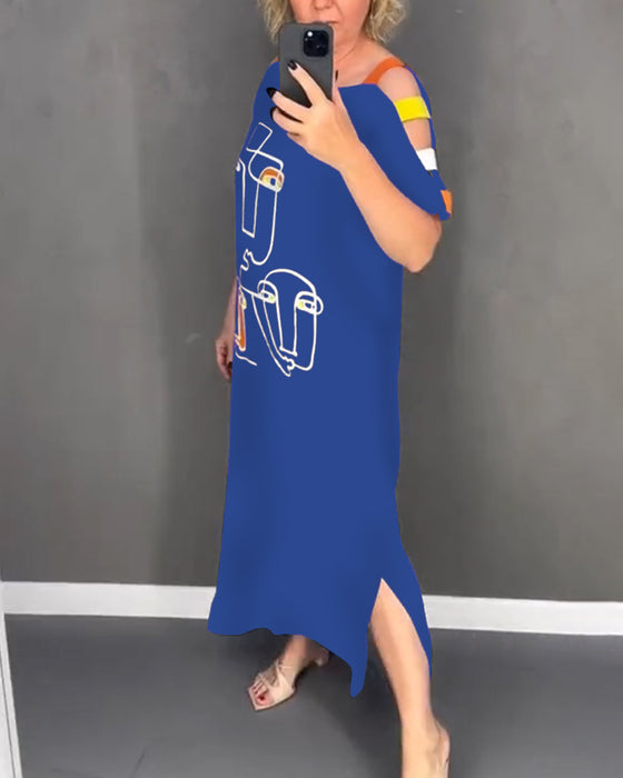 Cold Shoulder Hollow Print Slit Dress