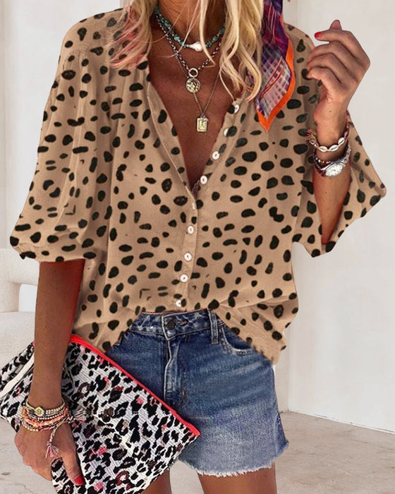 Leopard-print casual stand-collar shirt