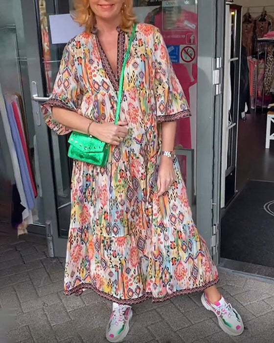 V-neck printed elegant long dress