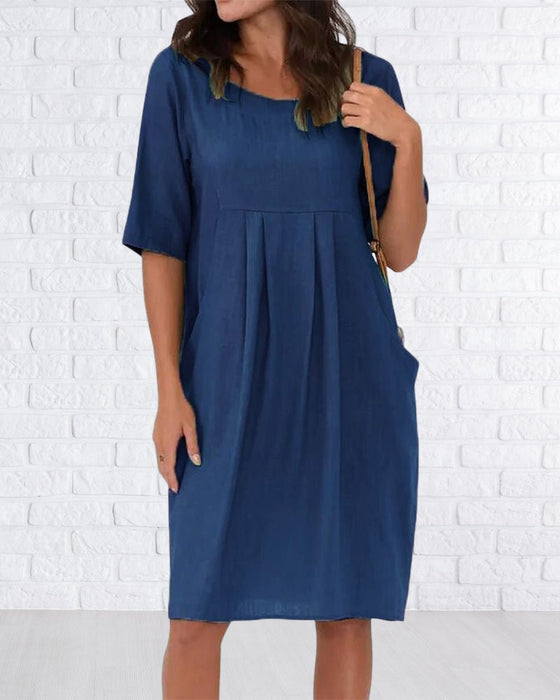 Round Neck Solid Color Dress with Pockets