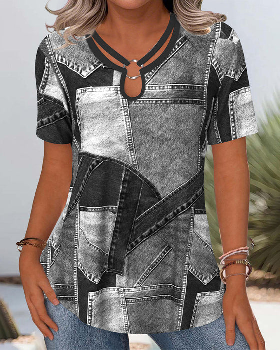 Vintage Denim Contrast Hollow Blouse