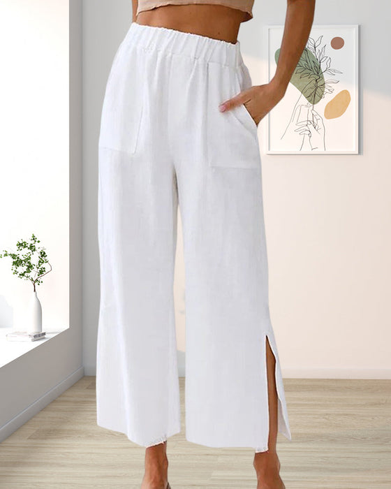 Pocket solid color casual slit pants