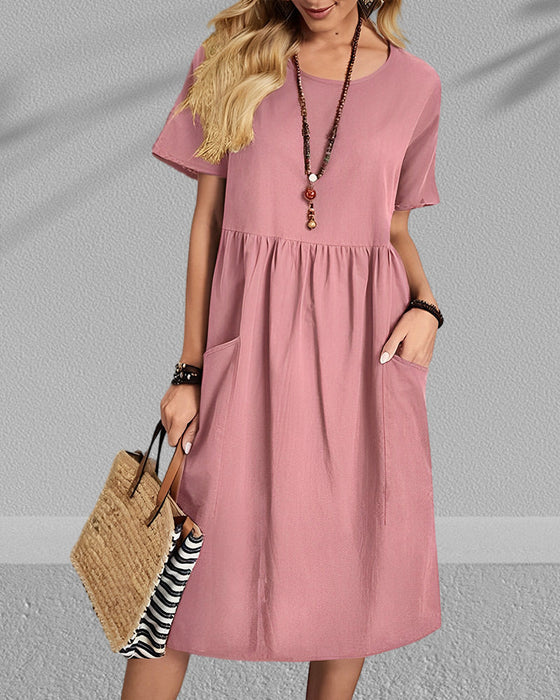 Round neck pleated short sleeve dress