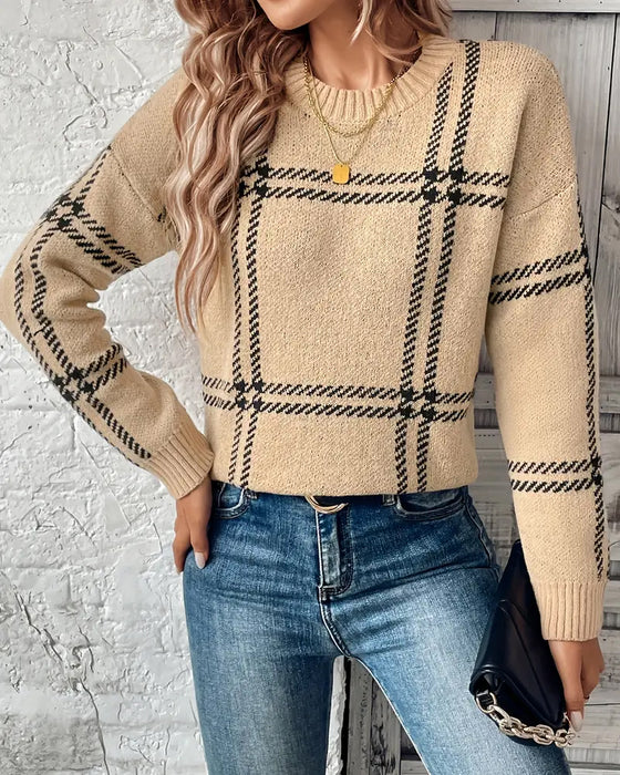 Long-Sleeved Plaid Pullover Sweater