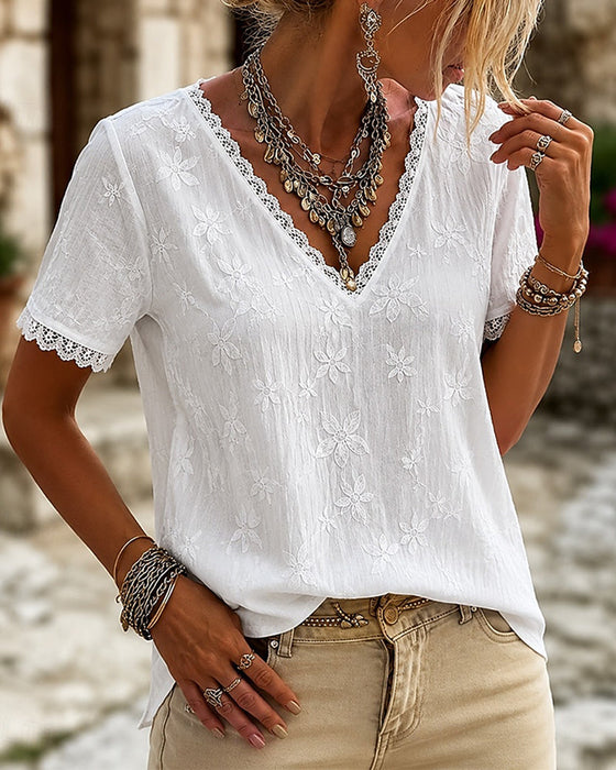 V-Neck Lace Short Sleeve Blouse