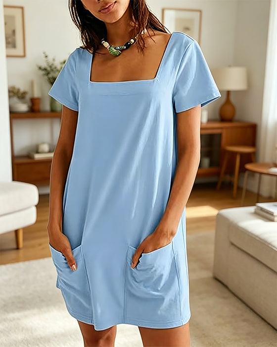 Square Neck Short-Sleeved Pocket Dress
