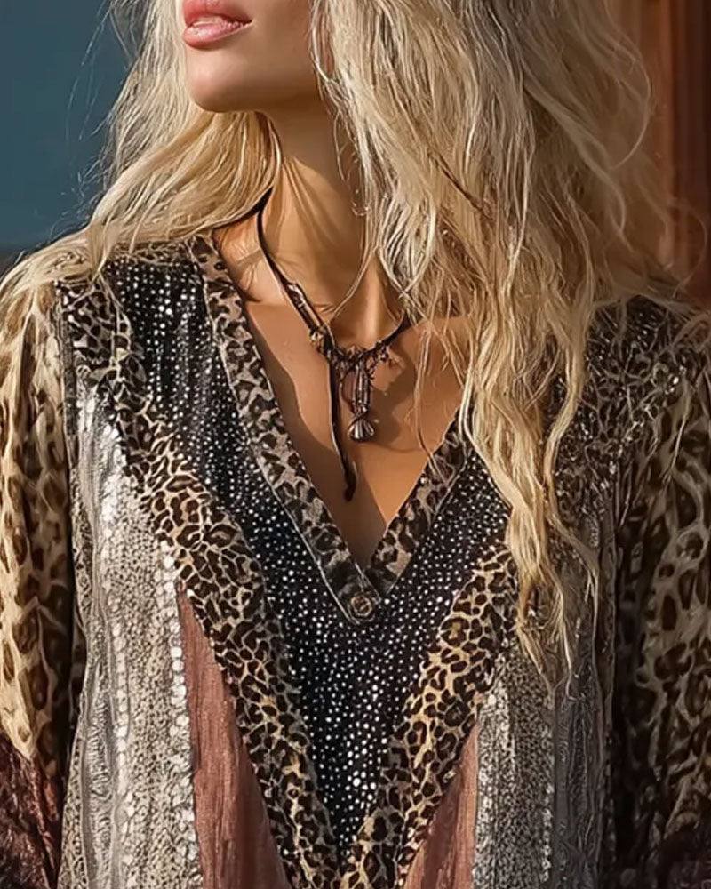 Leopard Patchwork V-Neck Print Blouse