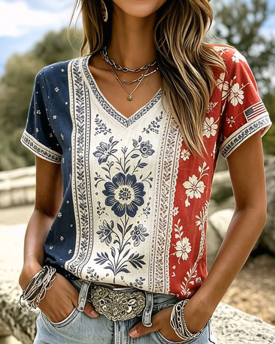 Colorblock Ethnic Floral V-Neck T-Shirts