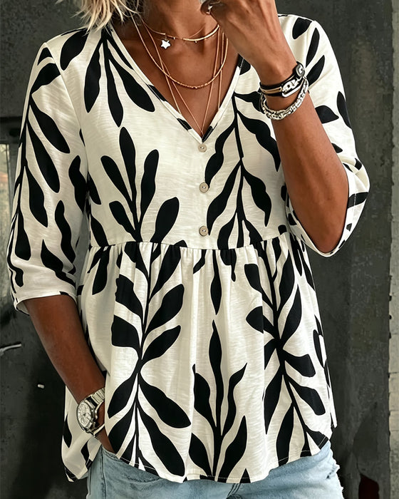 V-Neck Loose Print Short Sleeve Blouse