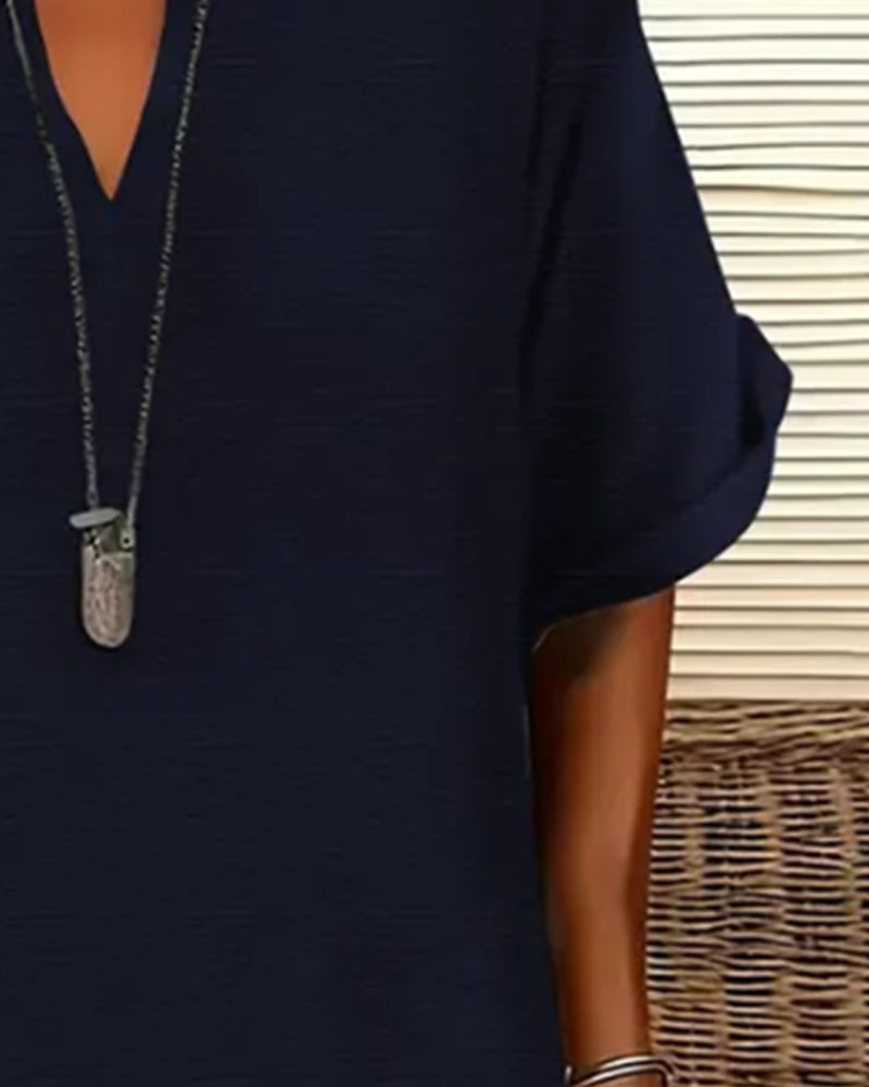 V-Neck Short Sleeve Solid Sheath Dress