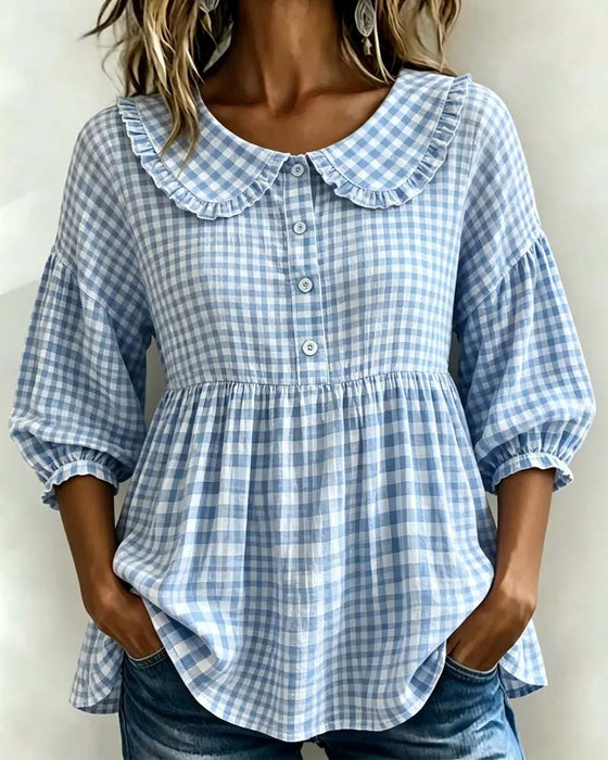 Peter Pan Collar Plaid Waist-Cinching Blouse