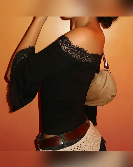 Lace Spliced Off-Shoulder Slim-Fit Top