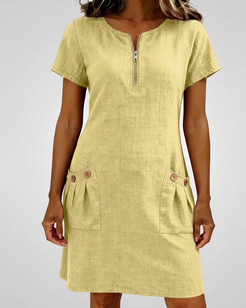 Zipper Pocket Cotton Linen Dress