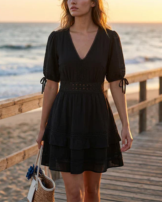 V-Neck Tiered Solid Lace Patchwork Dress