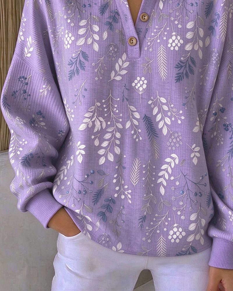 Waffle Henry Collar Floral Print Sweatshirt