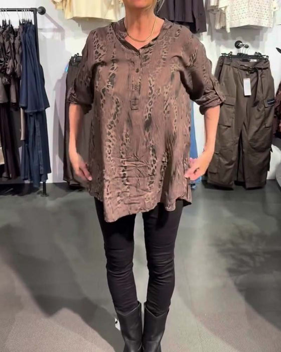 V-Neck Button Front Leopard Print Relaxed Blouse